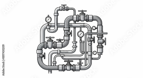 Intricate network of pipes, valves, and pressure gauges, rendered in grayscale