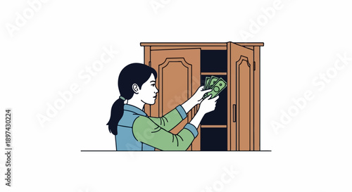 Woman placing cash into open compartment of a wooden cabinet