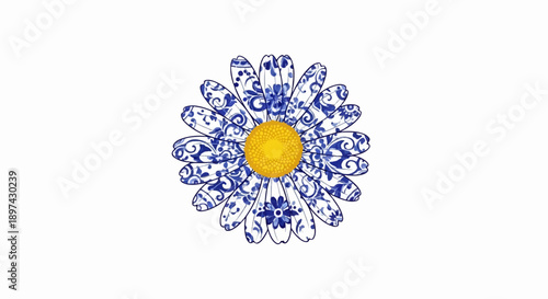 Daisy with blue and white porcelain pattern petals and yellow center
