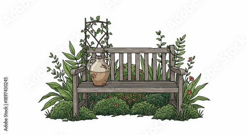 A rustic garden bench adorned with an old amphora and lush greenery