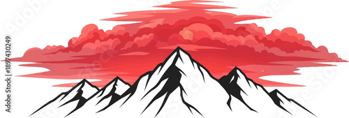 Stylized mountain range under a dramatic, fiery red sky with textured clouds and a hidden sun