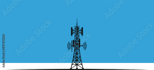 Silhouette of a tall telecommunication tower with antennas and signal waves against a blue sky