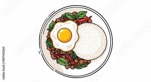 A stylized plate of food with rice, stir-fried meat, and a fried egg