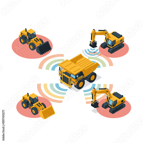 Construction vehicles connected through wireless technology.