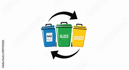 Three colorful bins for recycling paper, glass, and plastics with a circular arrow