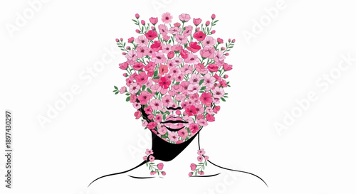 Abstract feminine portrait composed of abundant pink and red blossoms, necklines
