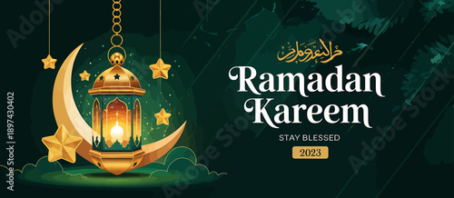 Ramadan Kareem greeting card with golden lantern and crescent moon and stars