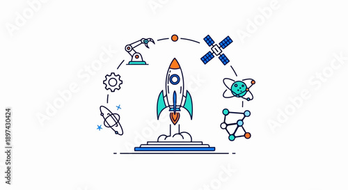 A rocket launching, surrounded by icons representing science and technology