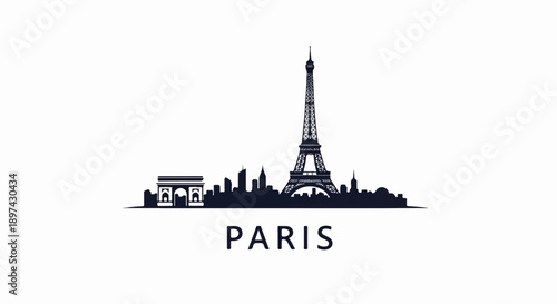 A dark silhouette of the Parisian skyline, featuring iconic landmarks