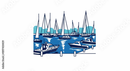 A stylized harbor scene depicts sailboats and motorboats moored in blue water with a cityscape silhouette