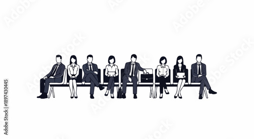 Diverse professionals in formal attire await opportunities, seated in a line