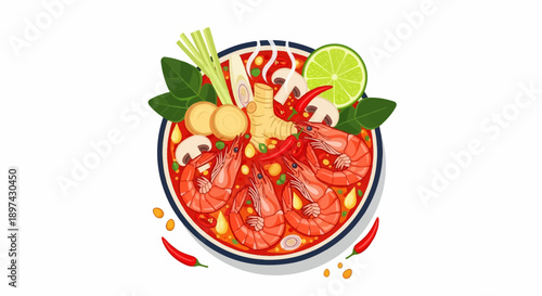 A vibrant illustration of spicy shrimp soup with fresh ingredients