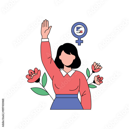 Woman raises her hand with flowers and a gender symbol in a graphic illustration.