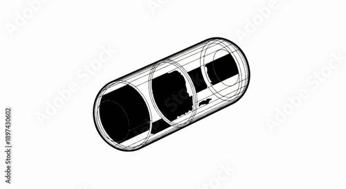 Abstract, stylized cylinder with black segments and wireframe outline on white