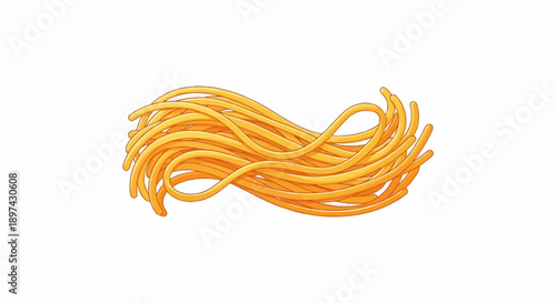 A close-up, isolated illustration shows a tangled mass of cooked, golden-yellow pasta noodles