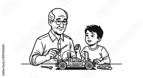 An older man and a young boy are building a toy car together