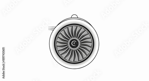Detailed illustration of an aircraft engine's fan and casing, with stylized blades