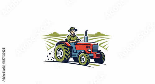 A farmer with a hat drives a red tractor through a green field under a white sky