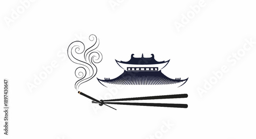 Stylized Asian pagoda silhouette with incense smoke and chopsticks