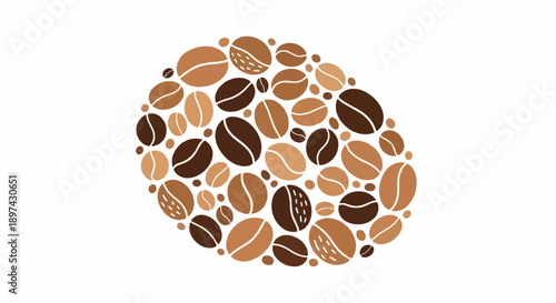 A cluster of coffee beans in various shades of brown arranged in an oval shape