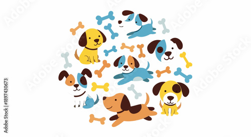 Whimsical collection of cartoon dogs and playful bones arranged in a circular pattern on a white background