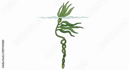 Tall green kelp plant with ribbon-like leaves growing from a coiled stem, submerged in water