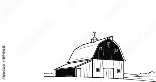 A rustic, black and white barn sits on a rolling grassy field under a white sky