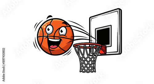 A cartoon basketball with a happy face is about to go through a hoop