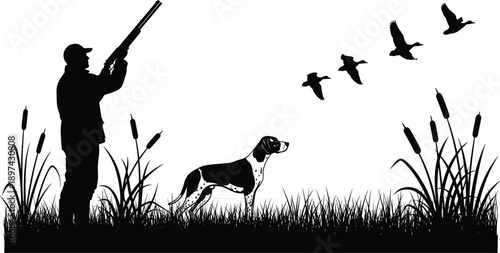 Detailed Black Silhouette Vector Illustration Featuring a Hunter with Shotgun Hunting Dog and Mallard Ducks Flying Over a Wetland Marsh with Tall Grass