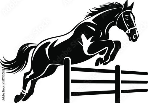 Horse jumping over fence in equestrian sport event, dynamic action silhouette