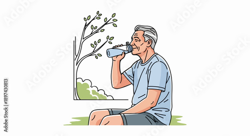 An older man with gray hair drinks from a water bottle while sitting outdoors by a tree