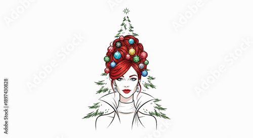 Festive woman with red hair adorned with ornaments and a Christmas tree silhouette