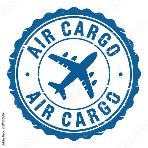 Blue air cargo stamp with airplane and text on white background