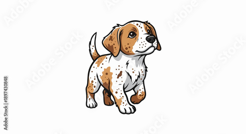 A happy, spotted puppy walks cheerfully with a playful tail wag