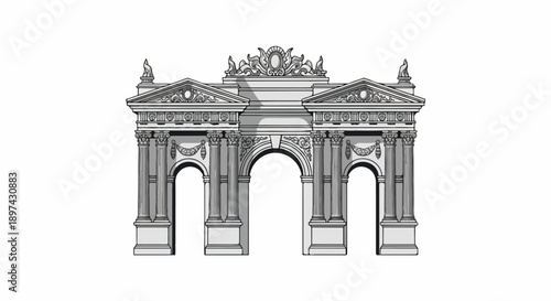 A monochromatic, line-art depiction of a grand, ornate triumphal arch with three arches