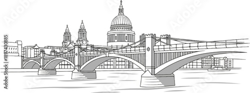 A grayscale sketch of a prominent city skyline featuring an iconic domed building and a large bridge spanning a river