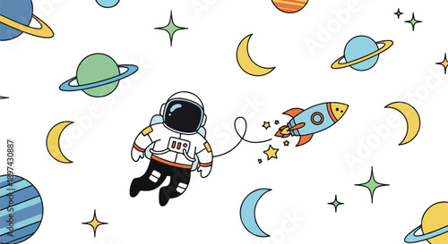 Cute astronaut floats with rocket and planets against a white background
