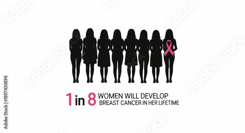 Silhouettes of women stand together, one wearing a pink ribbon