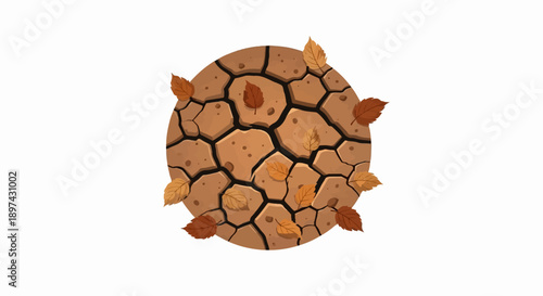 Dry, cracked earth with fallen autumn leaves depicted in a circular frame