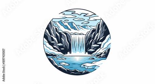 Circular illustration of a majestic icy waterfall cascading into a tranquil blue lake, framed by rocky, snow-covered cliffs and distant mountains