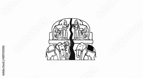 Stylized monochromatic ancient Indian carving depicts elephants, figures, and architectural elements