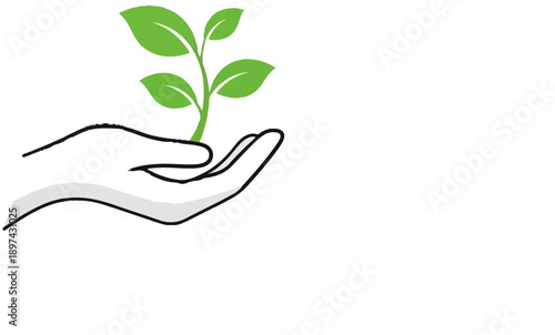 A simple illustration shows a hand cradling a small, green plant with leaves