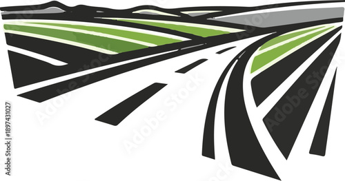 A graphic illustration depicts a winding asphalt road through green fields toward distant hills