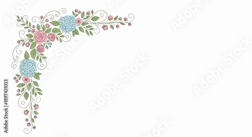 Delicate corner floral arrangement with pink roses, blue hydrangeas, green leaves, and swirls