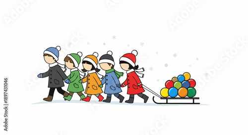 Children in winter coats and hats pulling a sleigh piled high with colorful balls