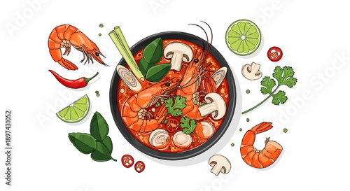 A flavorful bowl of shrimp soup with vibrant garnishes of lime, chili, and herbs