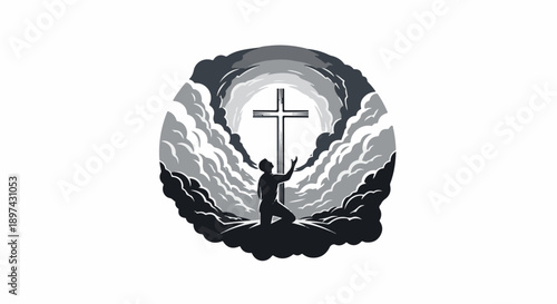 A person kneels before a cross, reaching up through clouds towards light