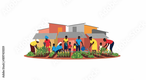 Diverse group tending lush garden beds before stylized buildings