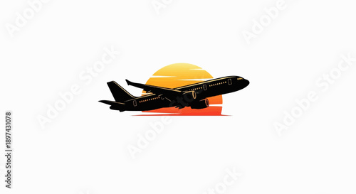 Silhouette of a jet airliner ascending against a vibrant sunset