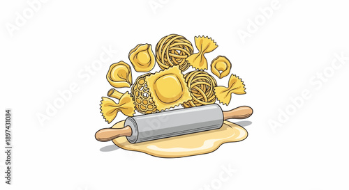Various pasta shapes and a rolling pin resting on dough